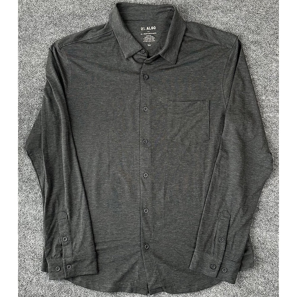 01.Algo Shirt Mens Size Large Dark Gray Collared Performance Stretch Long Sleeve